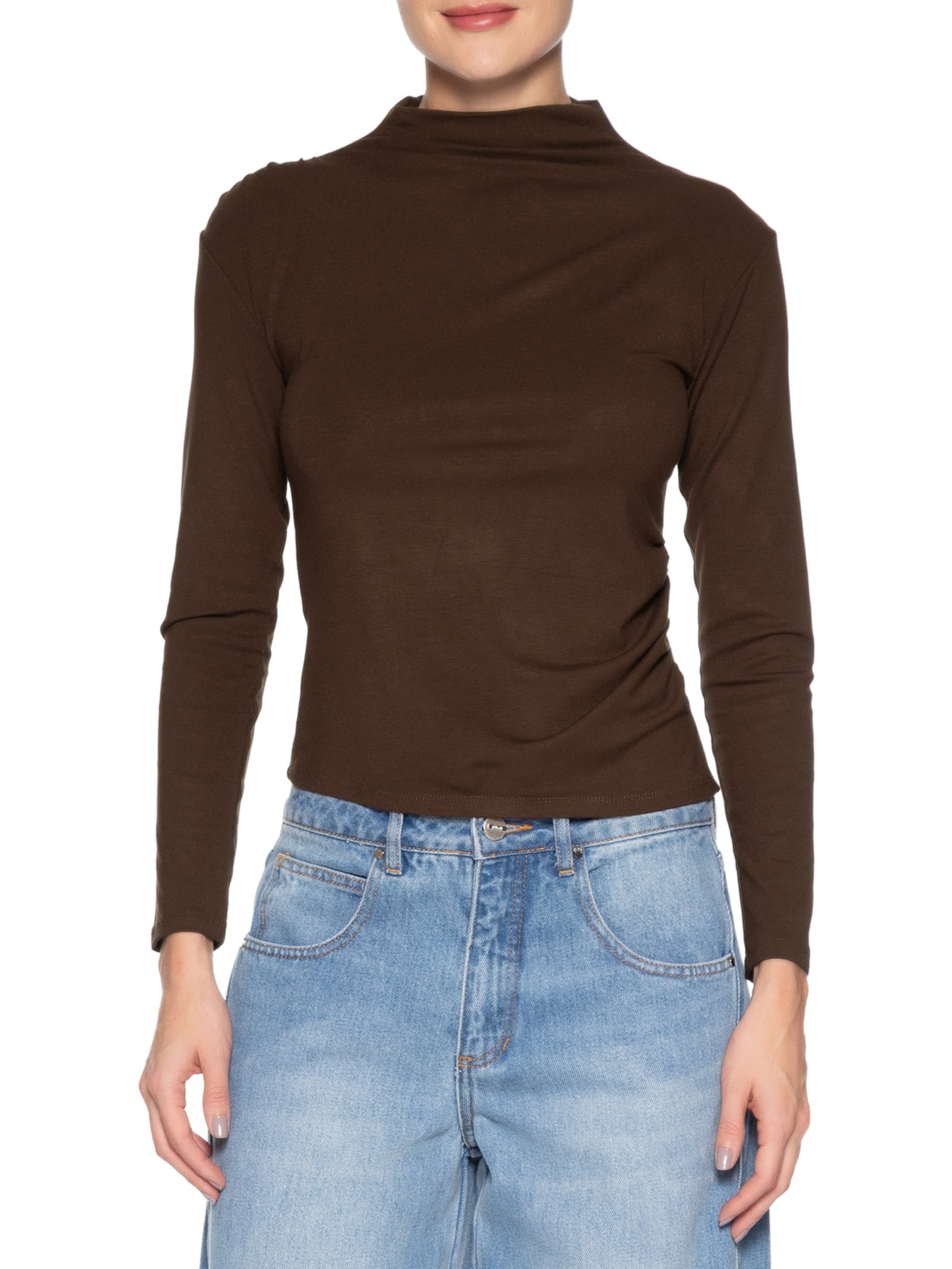 Blusa Feminina Gola Alta Manga Longa Marrom Basiq