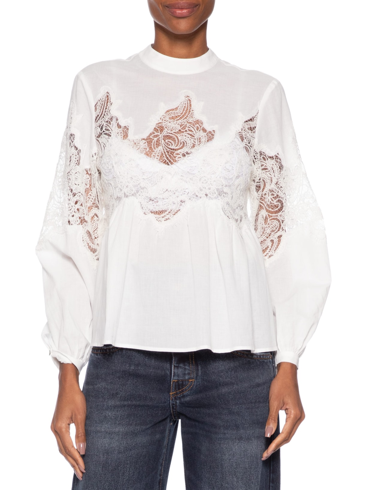 Blusa Feminina Gola Alta Renda Branco Animale