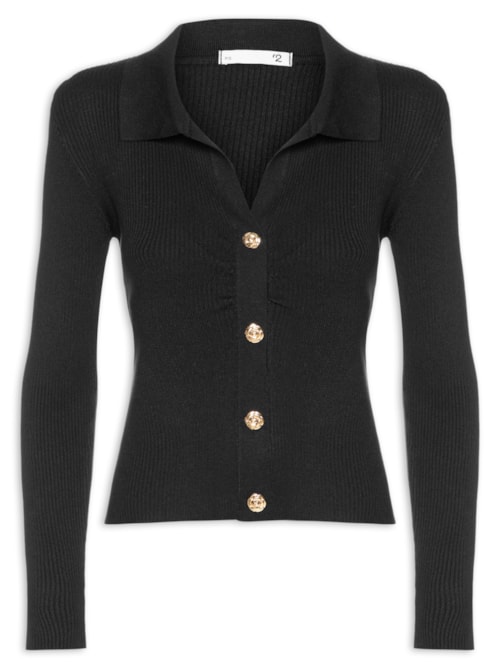Blusa Feminina Gola Polo em Tricot – Preto