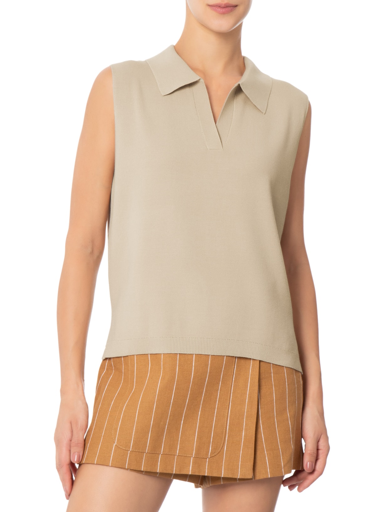 Blusa Feminina Gola Polo em Tricot Bege '2Essential