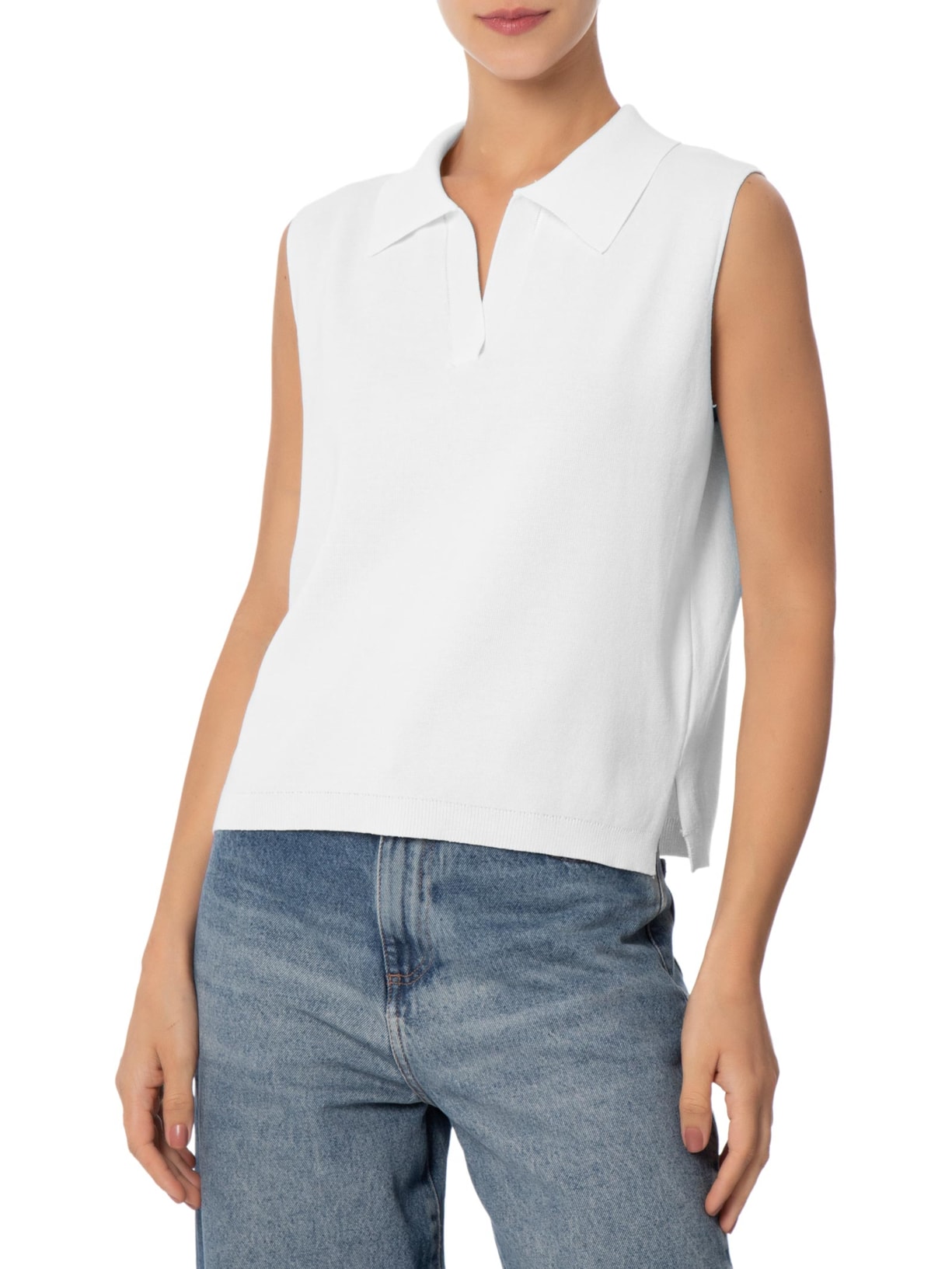 Blusa Feminina Gola Polo em Tricot Branco '2Essential