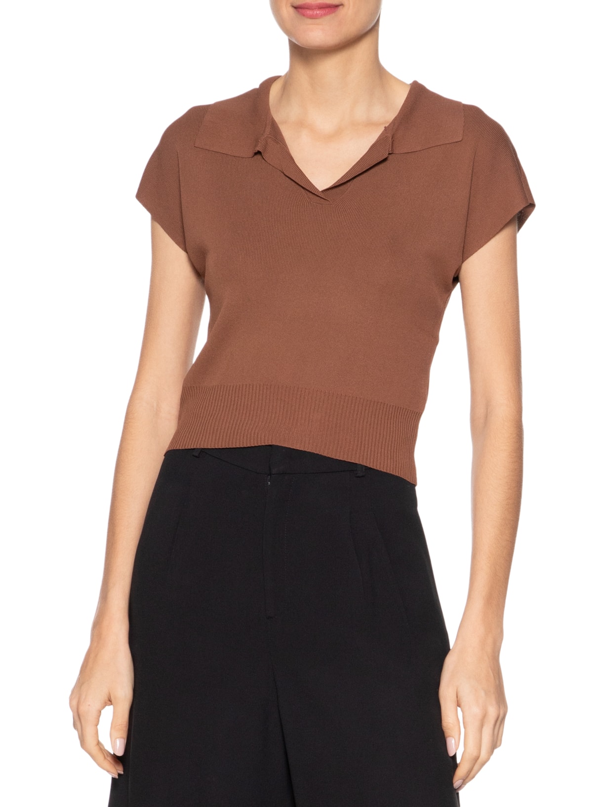 Blusa Feminina Gola Polo Em Tricot Marrom '2Essential