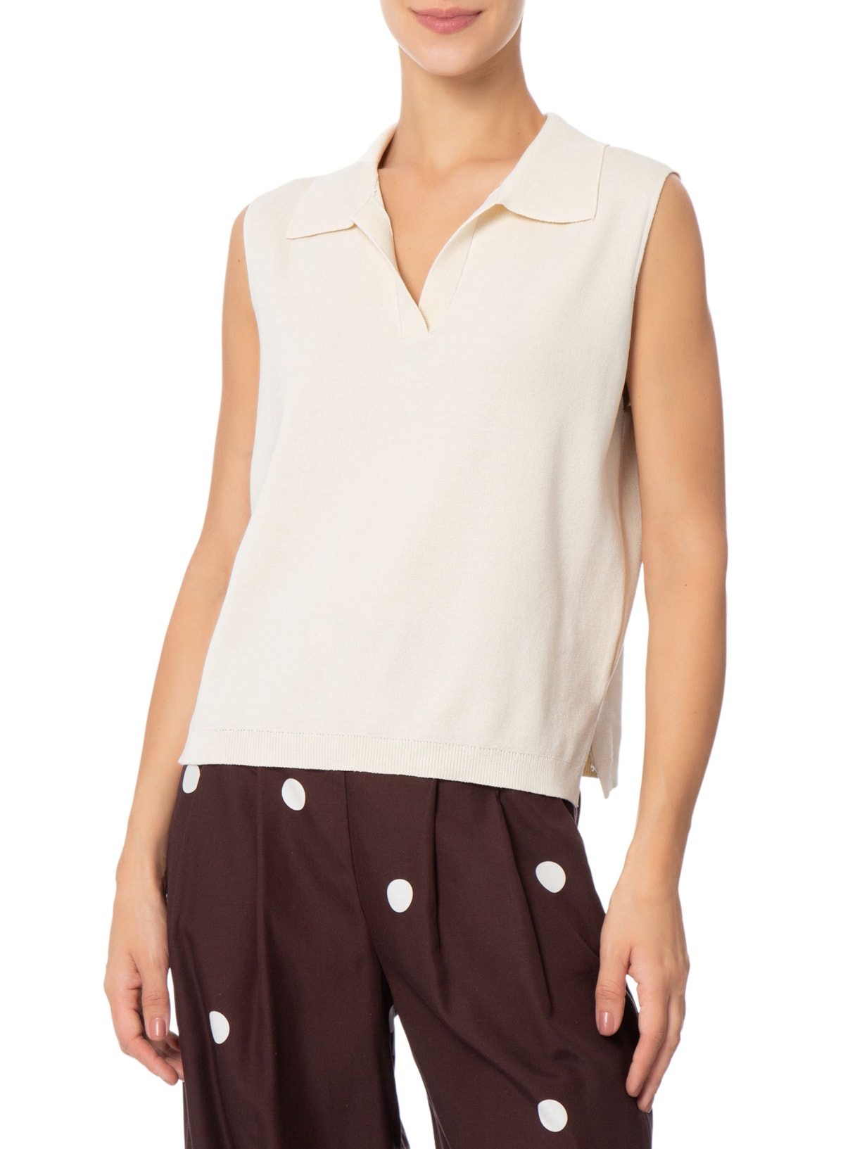 Blusa Feminina Gola Polo em Tricot Off White '2Essential