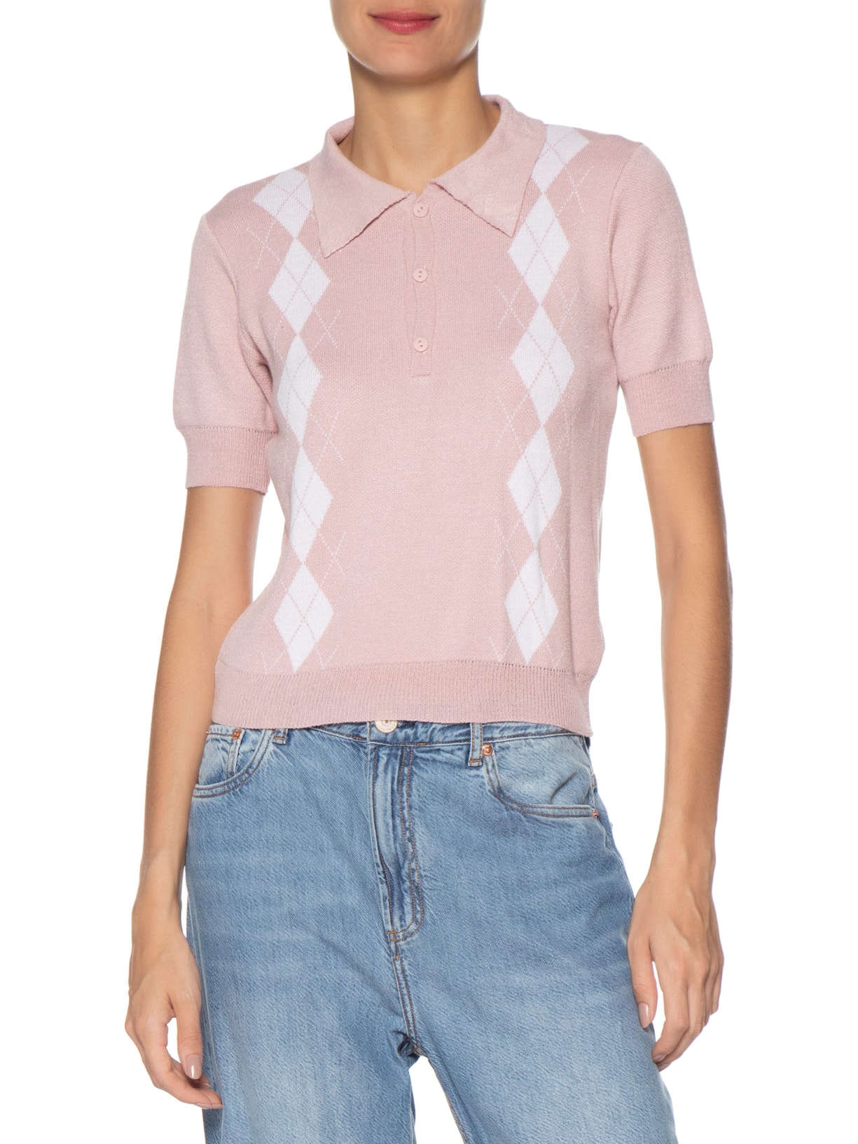 Blusa Feminina Gola Polo Em Tricot Rosa '2Essential