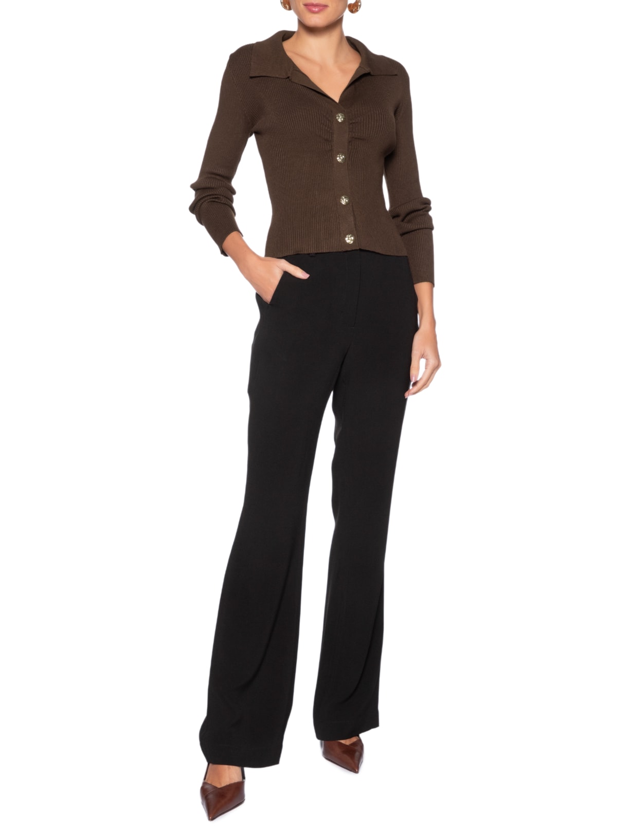 Blusa Feminina Gola Polo em Tricot – Marrom '2Essential