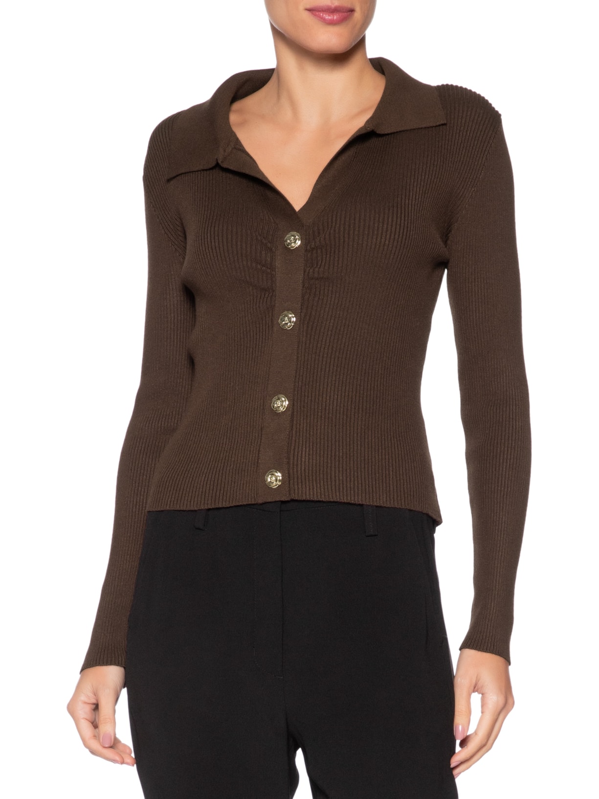 Blusa Feminina Gola Polo em Tricot – Marrom '2Essential