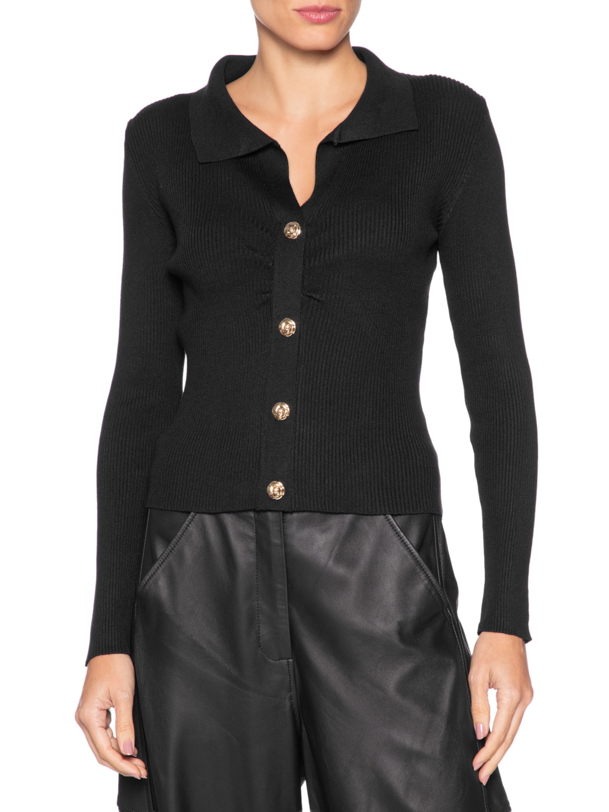 Blusa Feminina Gola Polo em Tricot – Preto '2Essential