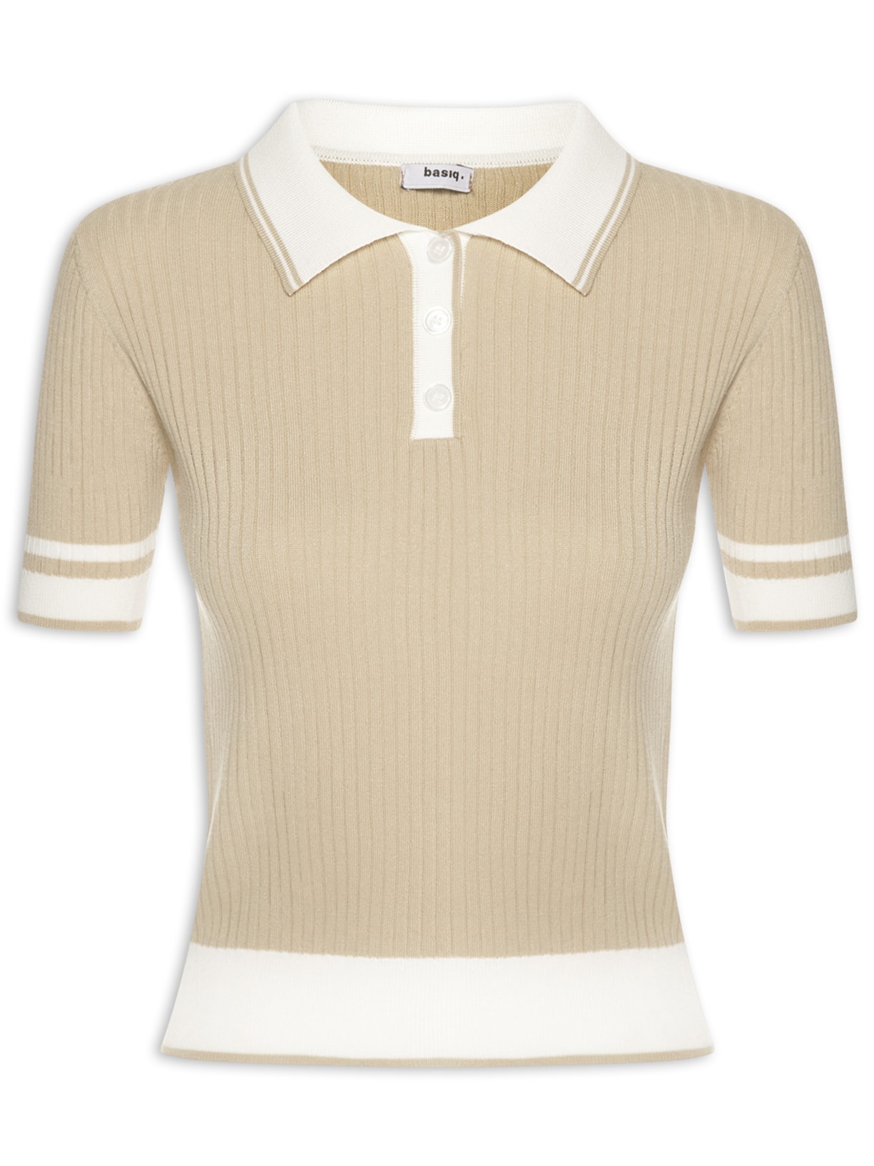 Blusa Feminina Gola Polo Manga Curta Tricot Bicolor Bege Basiq