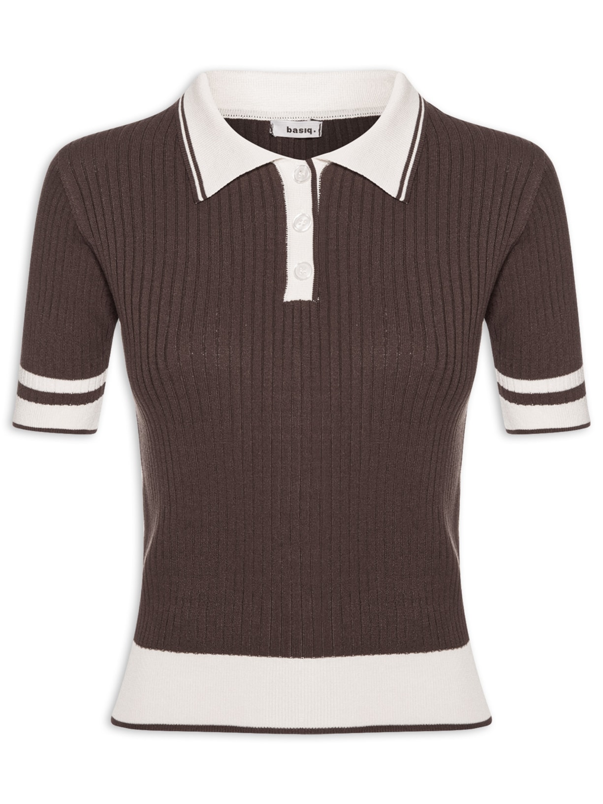 Blusa Feminina Gola Polo Manga Curta Tricot Bicolor Marrom Basiq