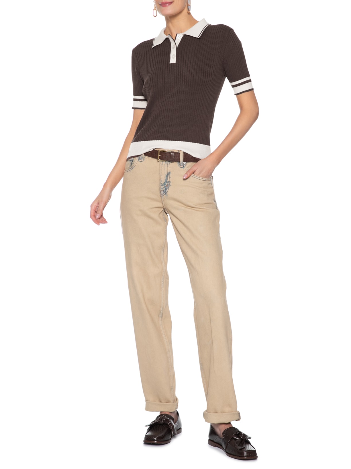 Blusa Feminina Gola Polo Manga Curta Tricot Bicolor Marrom Basiq