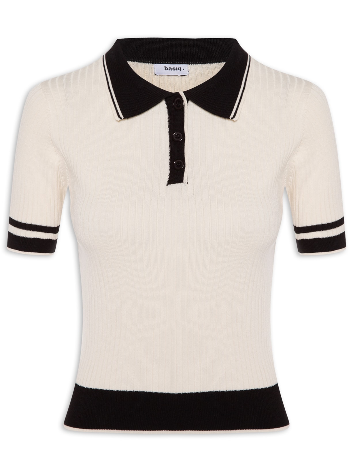 Blusa Feminina Gola Polo Manga Curta Tricot Bicolor Off White Basiq