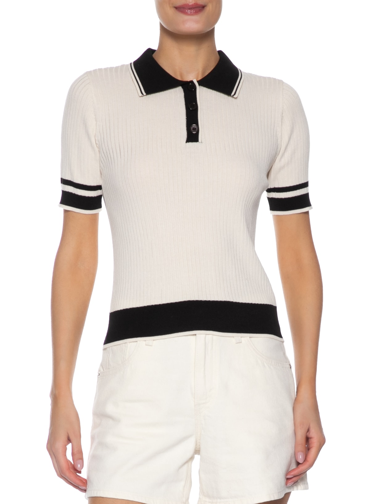 Blusa Feminina Gola Polo Manga Curta Tricot Bicolor Off White Basiq