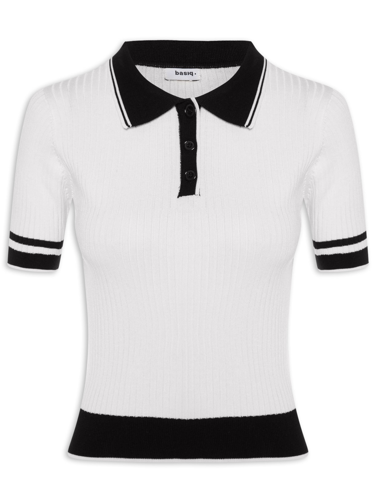 Blusa Feminina Gola Polo Manga Curta Tricot Bicolor Off White Basiq