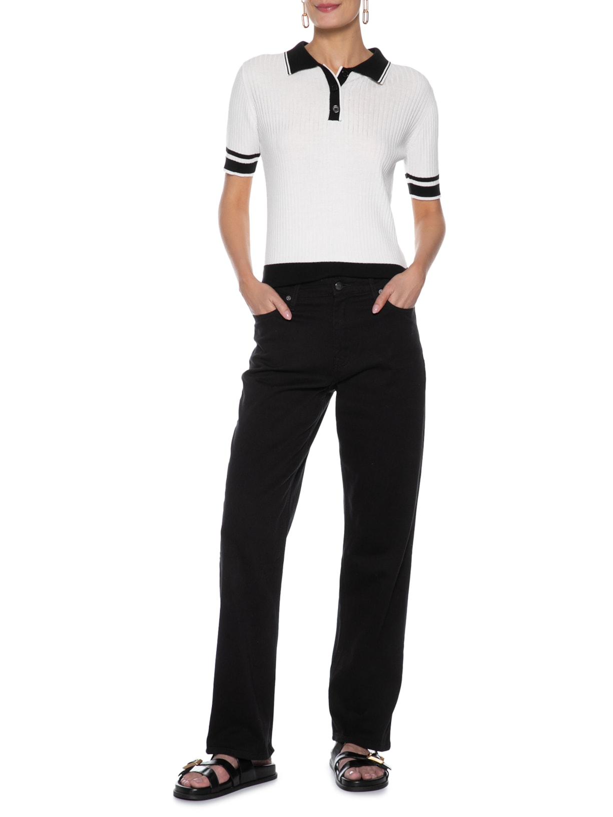 Blusa Feminina Gola Polo Manga Curta Tricot Bicolor Off White Basiq