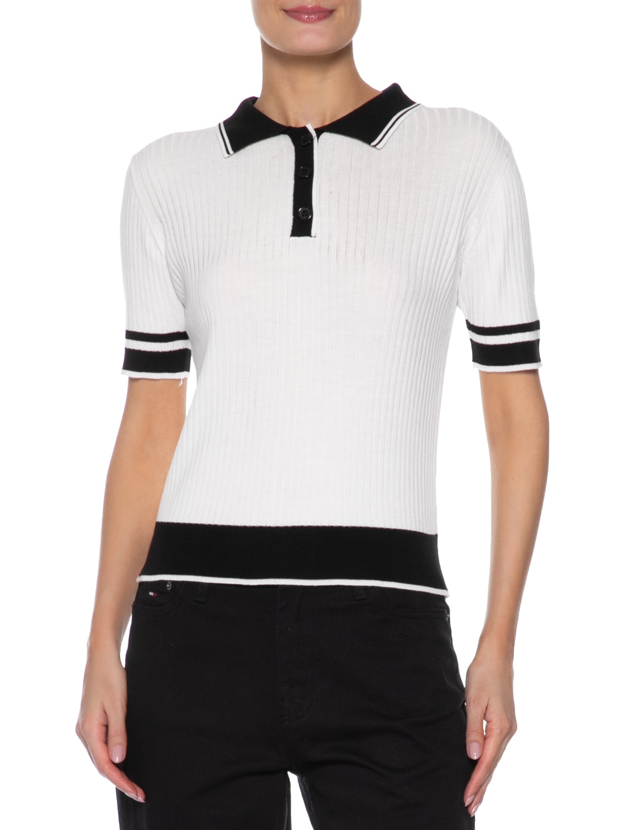 Blusa Feminina Gola Polo Manga Curta Tricot Bicolor Off White Basiq