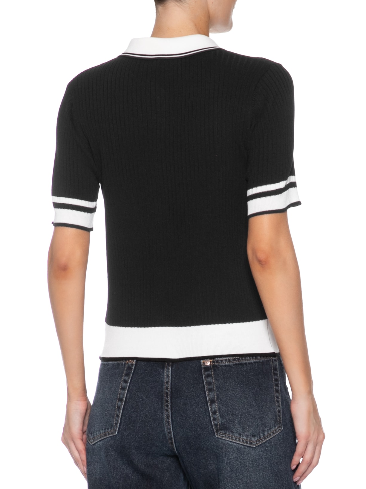 Blusa Feminina Gola Polo Manga Curta Tricot Bicolor Preto Basiq