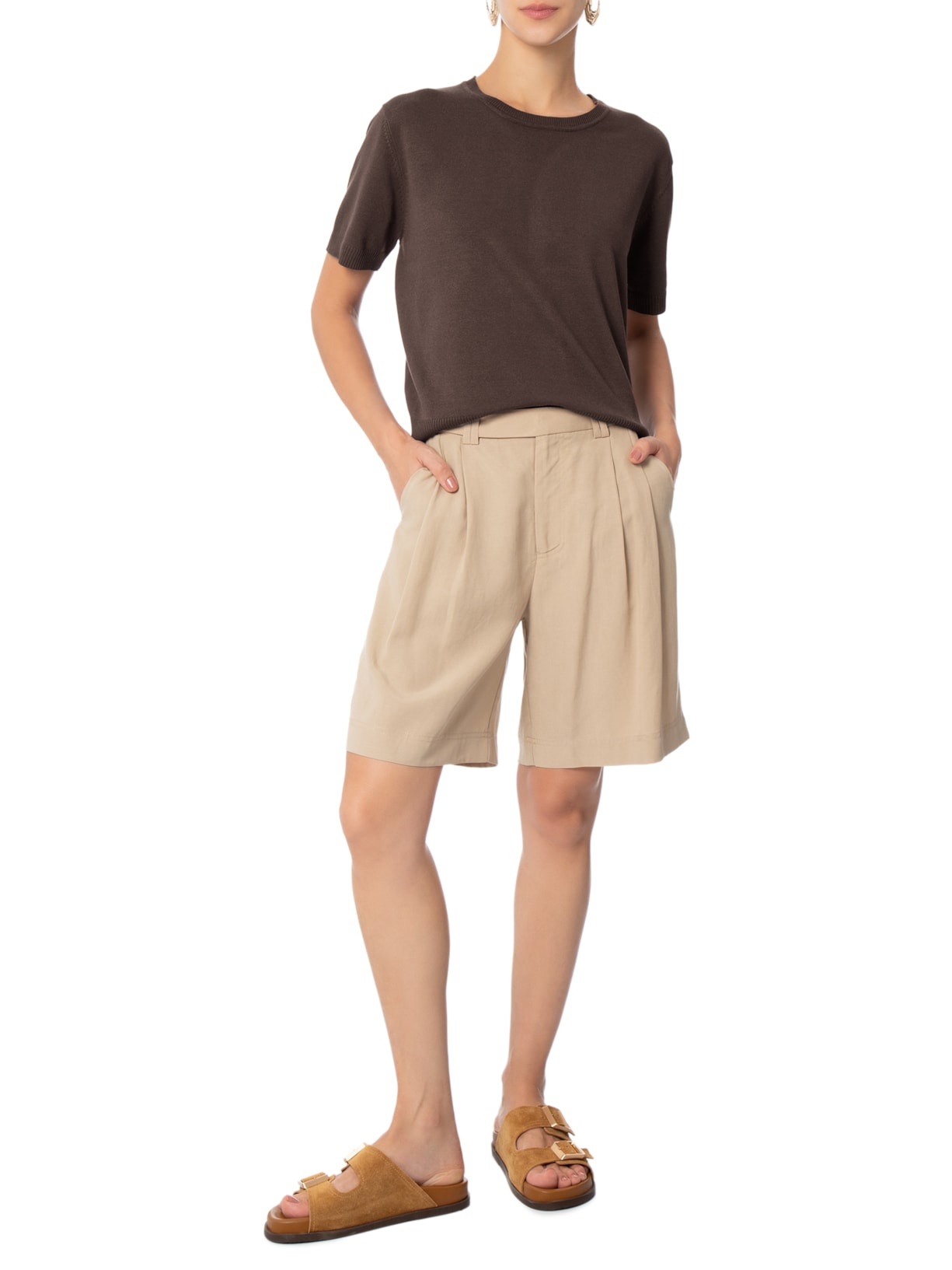 Blusa Feminina Gola Redonda em Tricot Marrom '2Essential