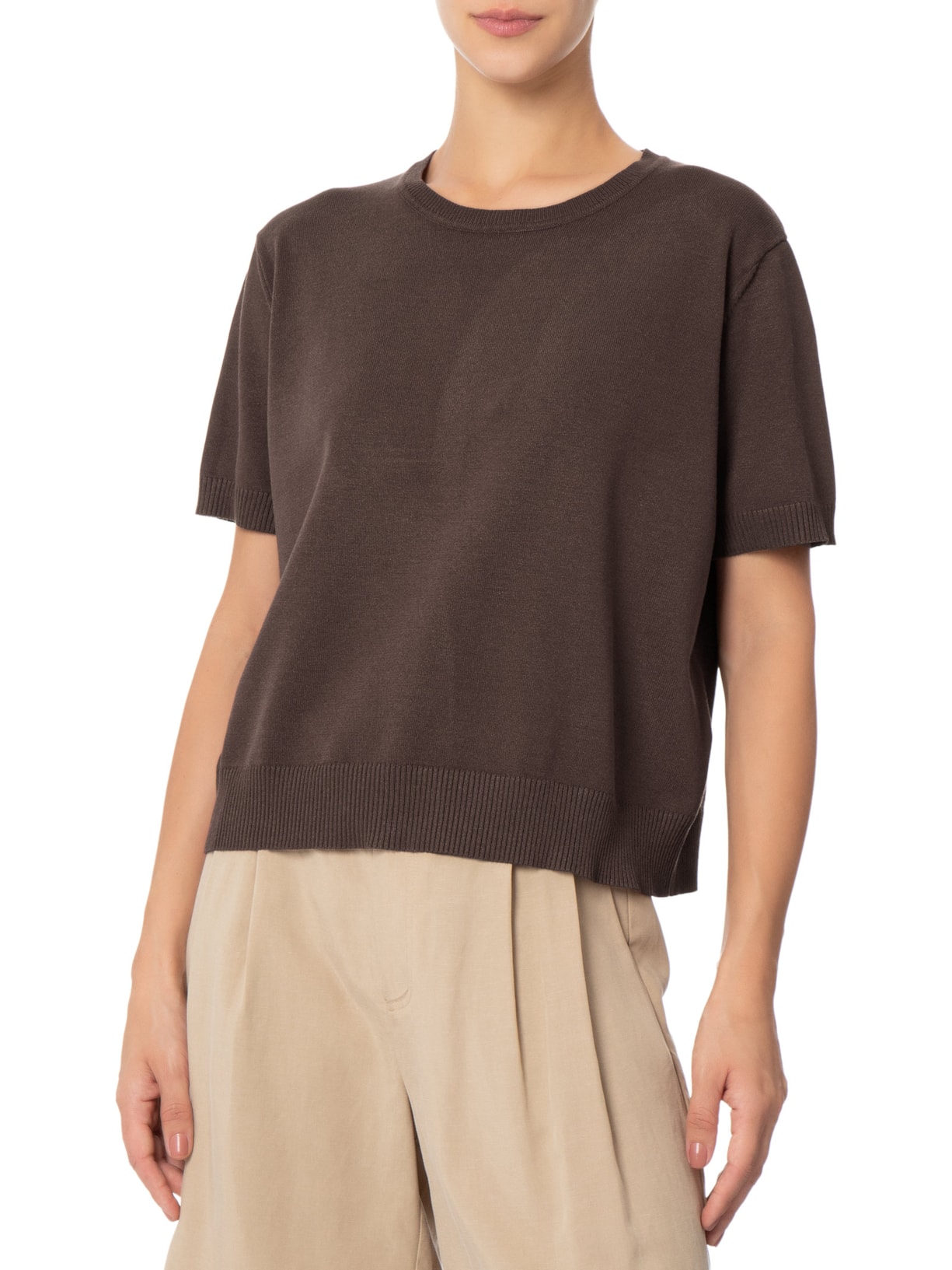 Blusa Feminina Gola Redonda em Tricot Marrom '2Essential