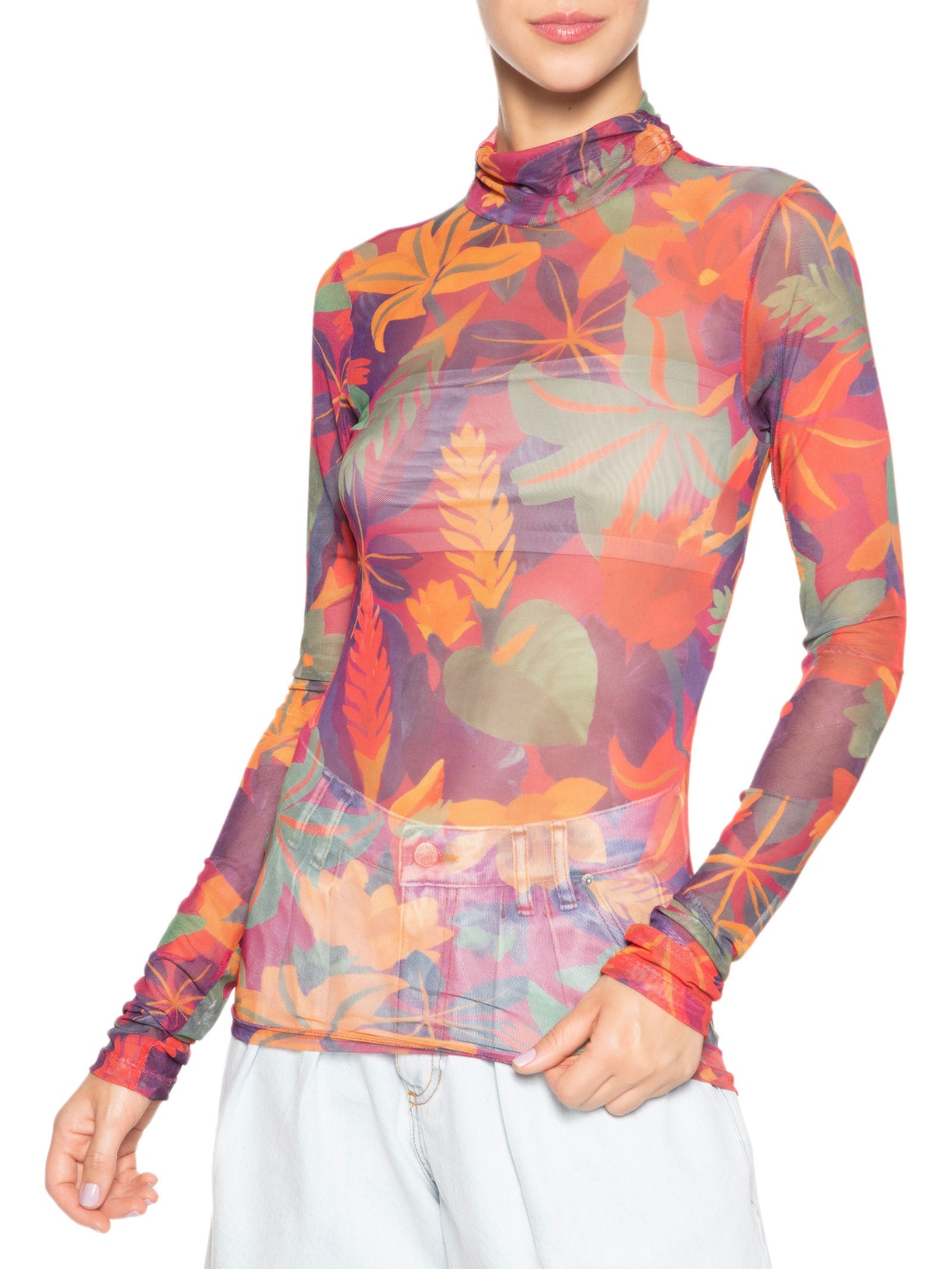 Blusa Feminina Gola Tule Floral Tropical Roxo Farm