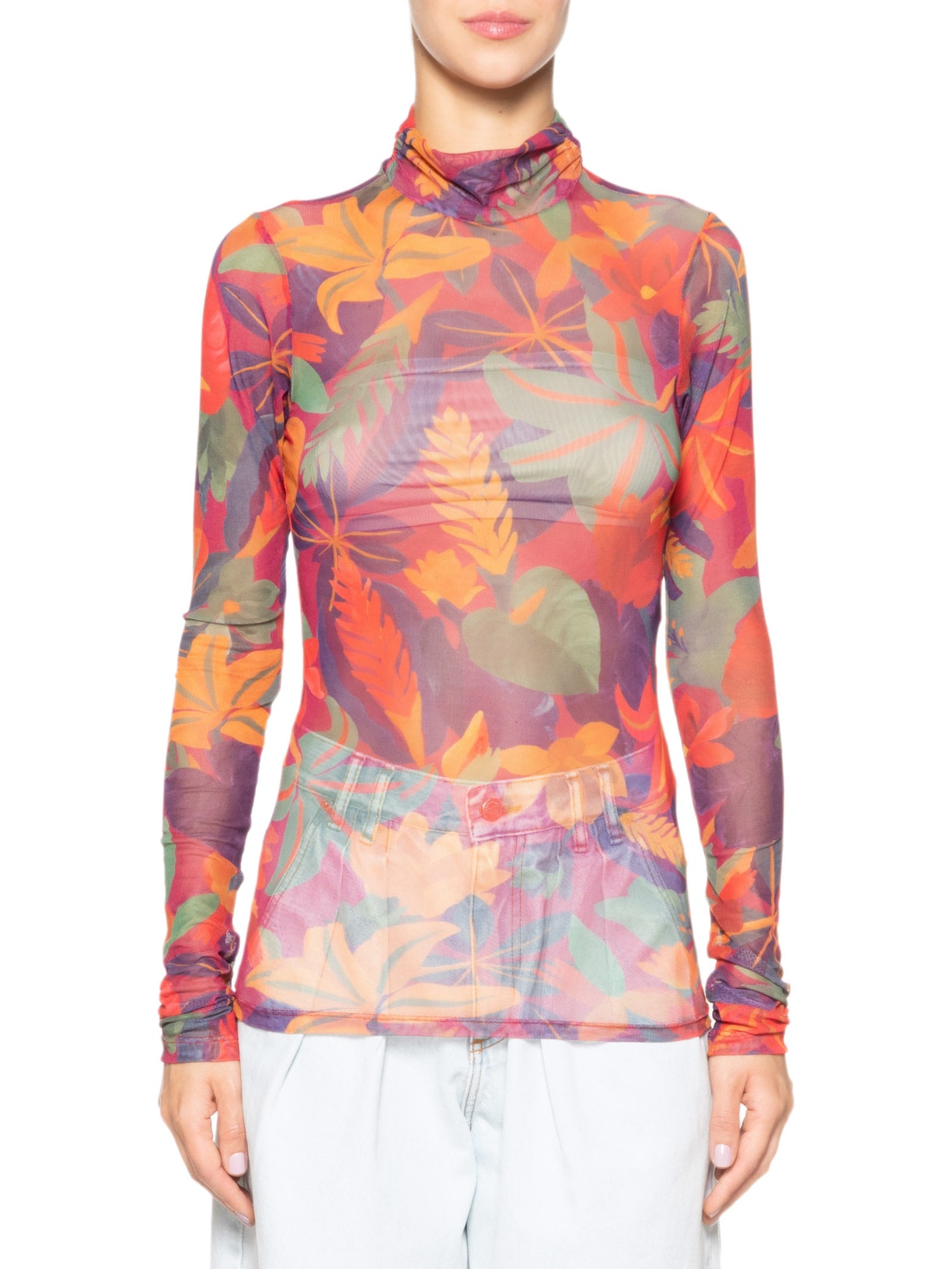 Blusa Feminina Gola Tule Floral Tropical Roxo Farm
