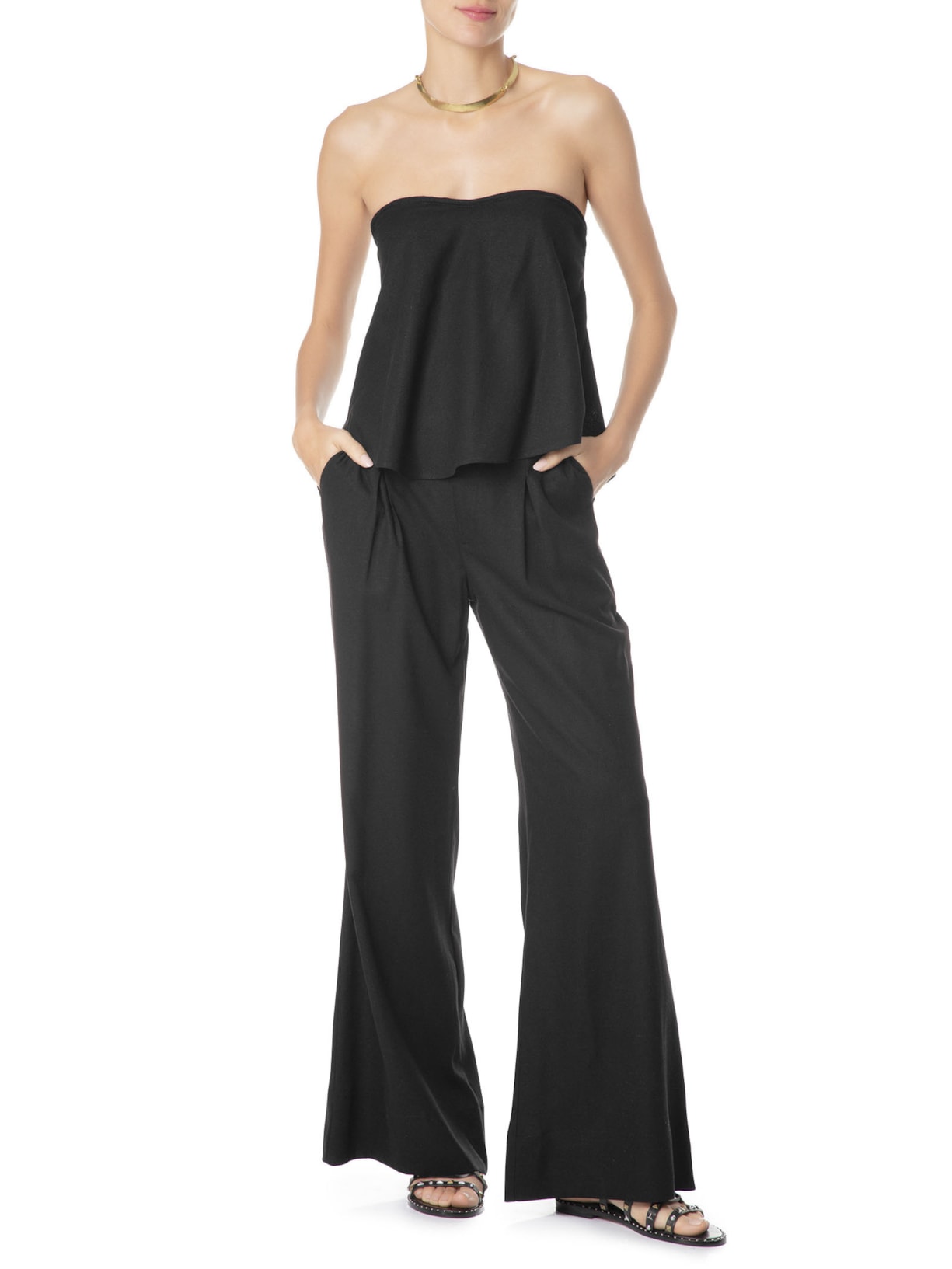 Blusa Feminina Lastex Babado Preto Maria Filó