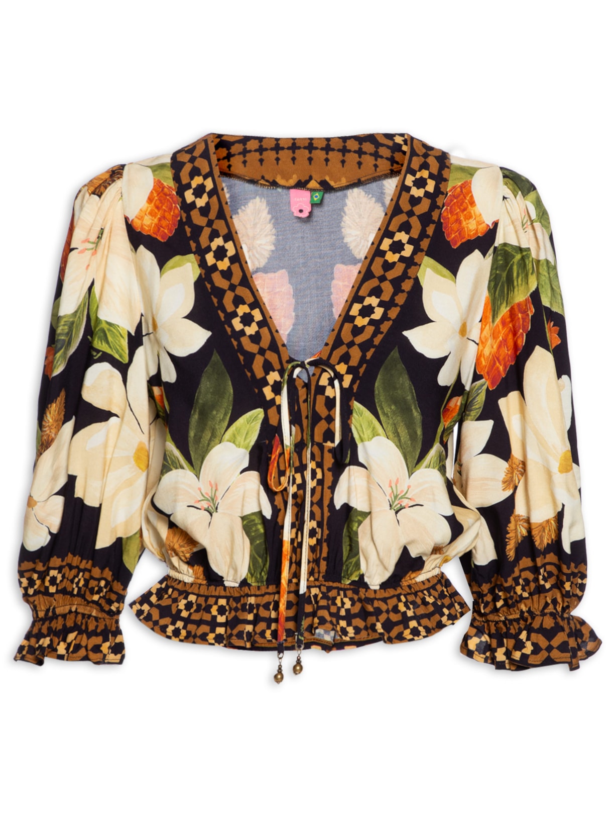 Blusa Feminina Lenço Floral Biriba - Preto