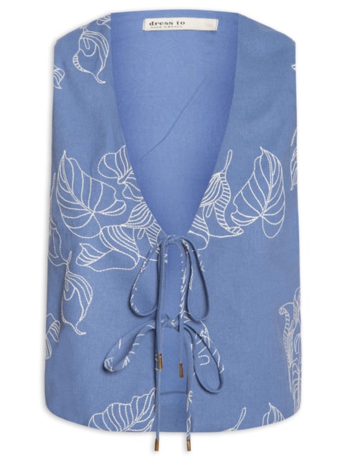 Blusa Feminina Linho Bordado Copo De Leite - Azul