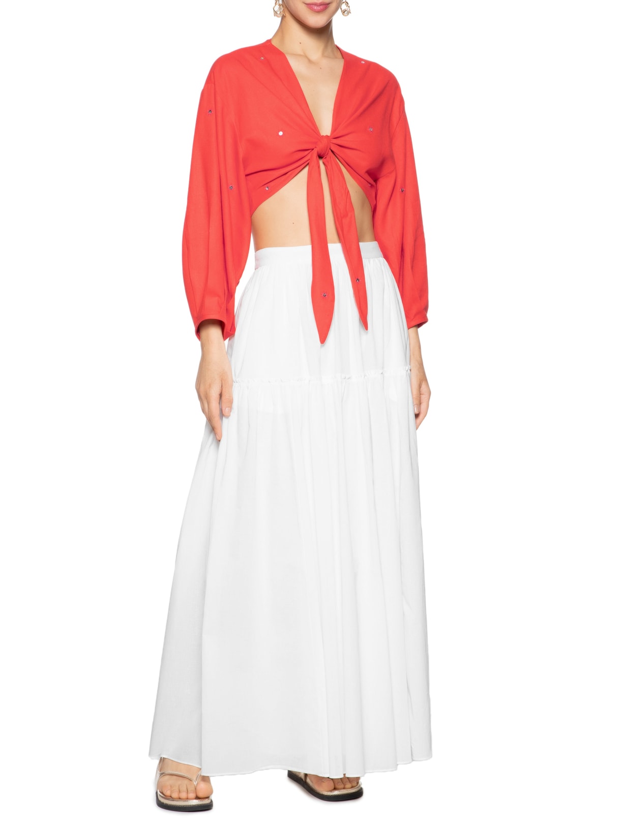 Blusa Feminina Linho Bordado Paetê Vermelho Dress To