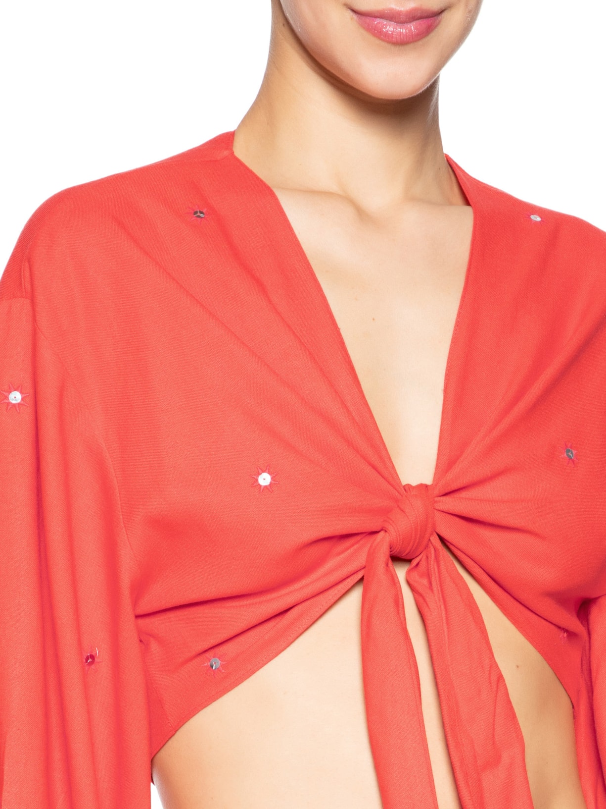 Blusa Feminina Linho Bordado Paetê Vermelho Dress To