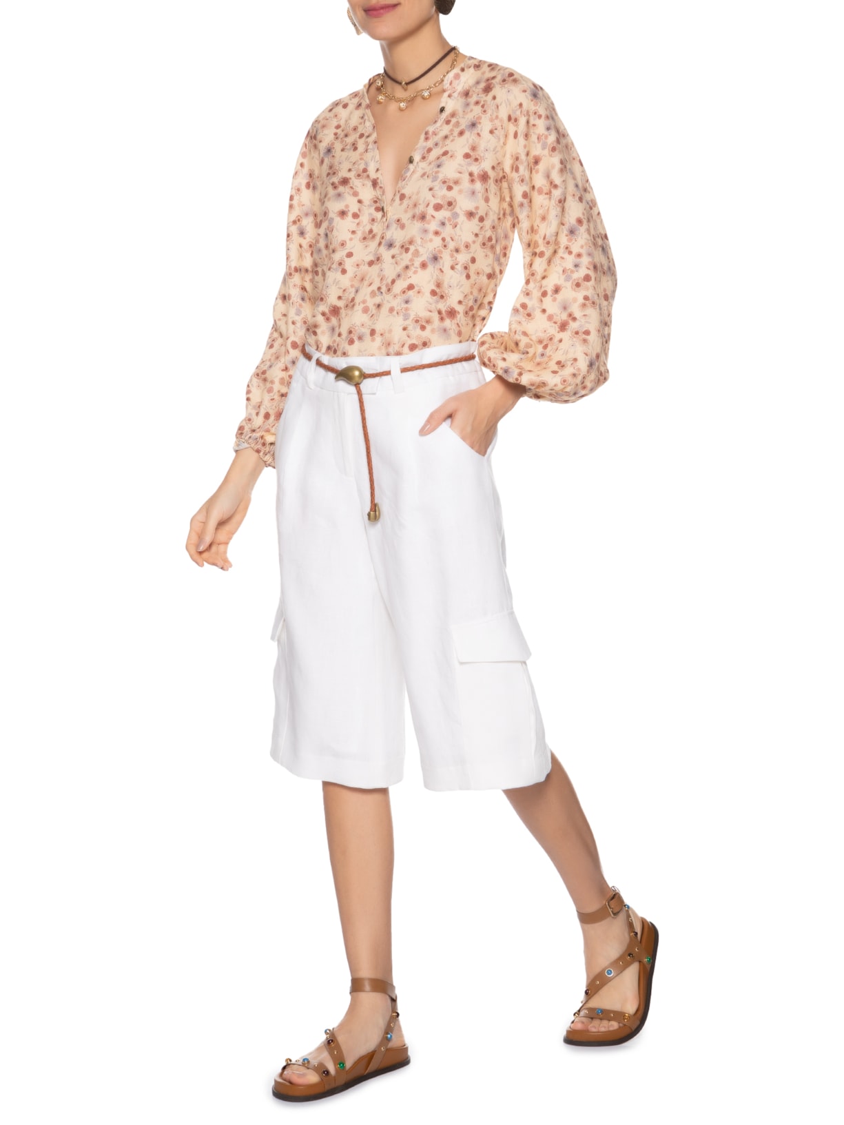 Blusa Feminina Linho Estampa Fleur Mini Bege Maria Filó