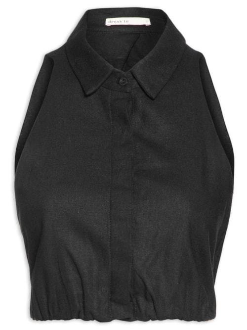 Blusa Feminina Linho Pregas Barra - Preto
