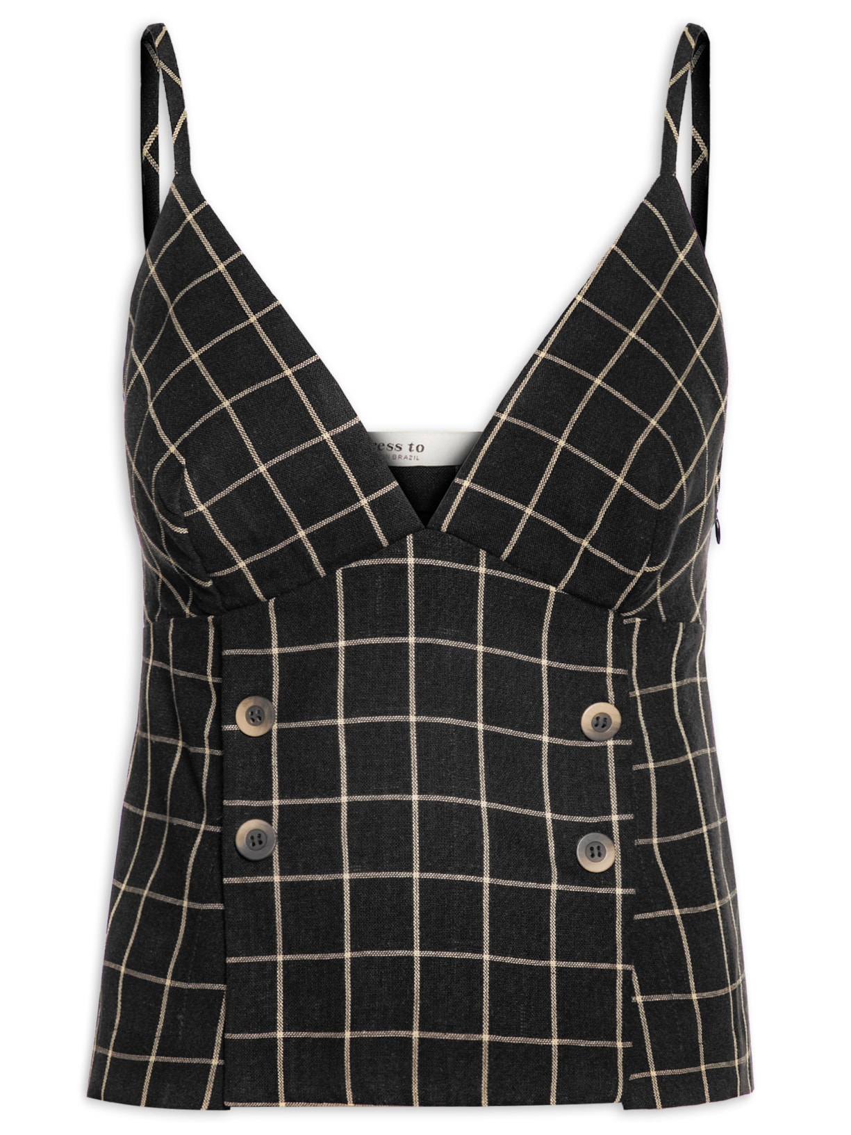 Blusa Feminina Linho Xadrez Botões - Preto