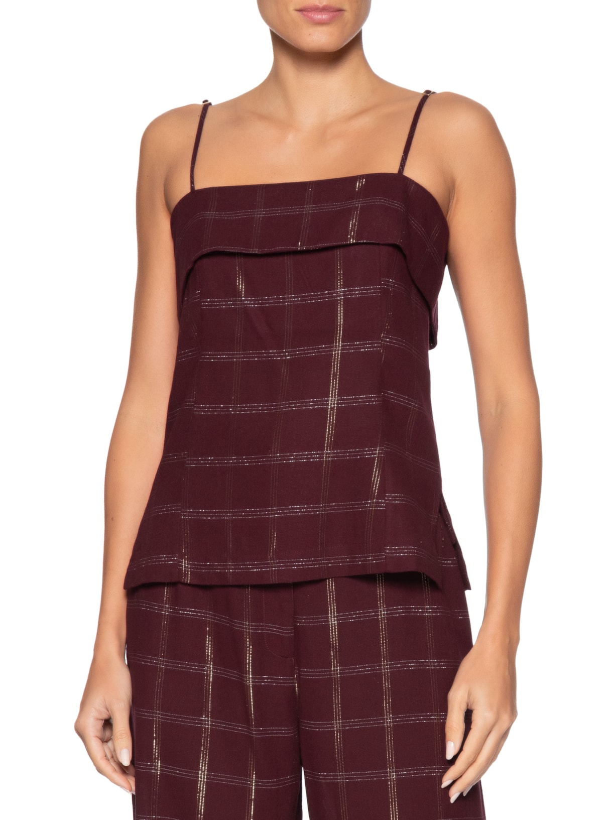 Blusa Feminina Linho Xadrez Lurex Marrom Dress To