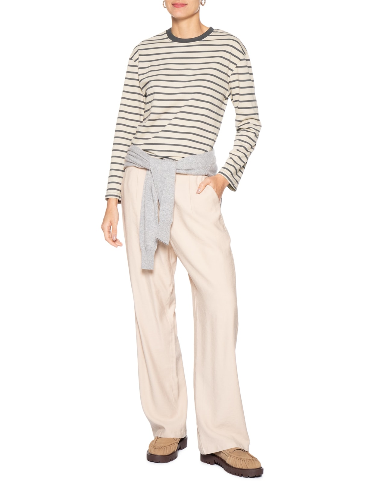 Blusa Feminina Listrada Manga Longa Bege Basiq