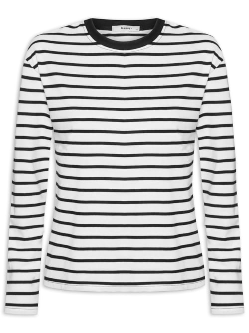 Blusa Feminina Listrada Manga Longa - Branco