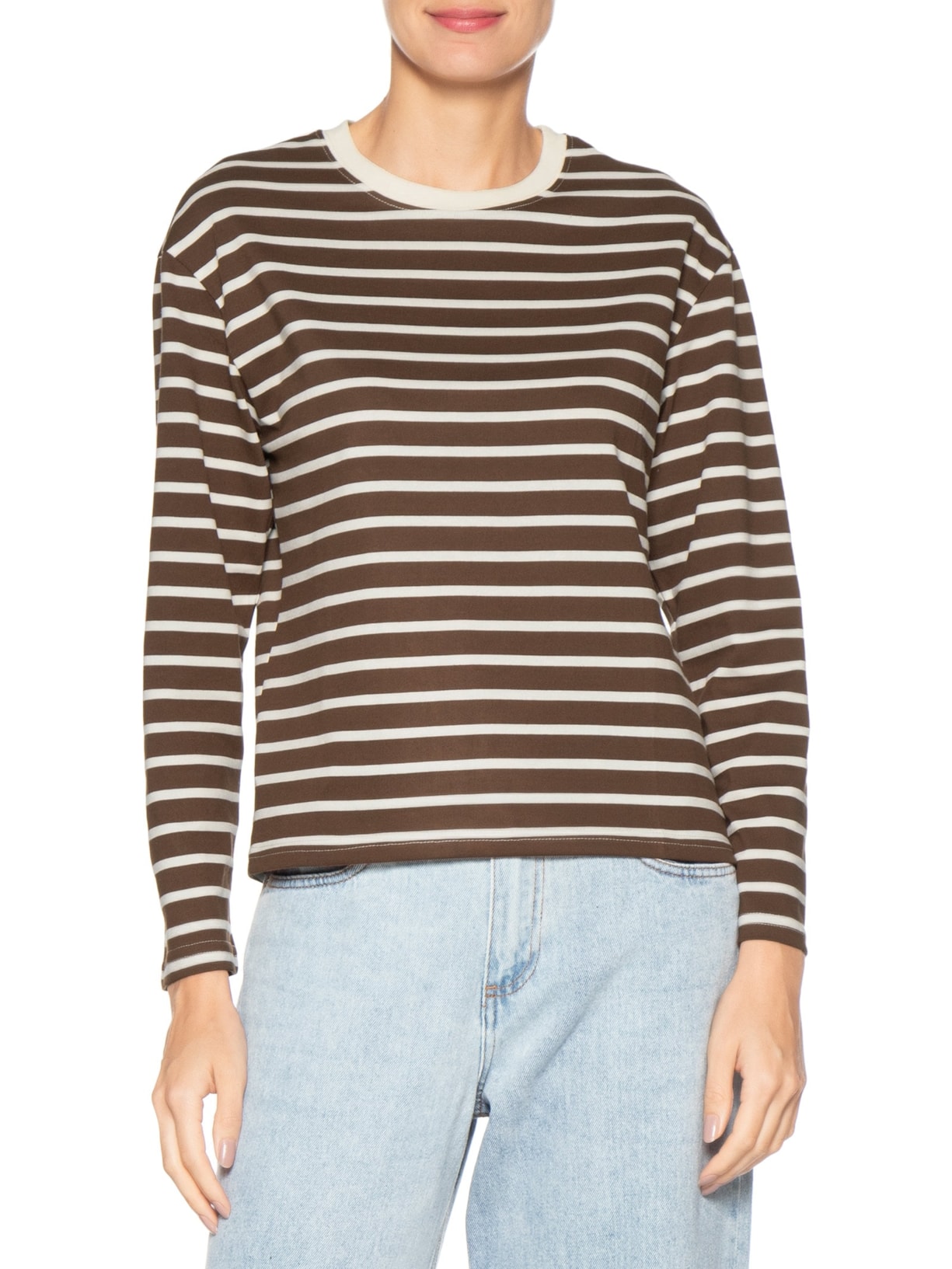 Blusa Feminina Listrada Manga Longa Marrom Basiq