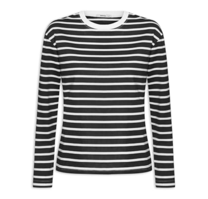 Blusa Feminina Listrada Manga Longa - Preto