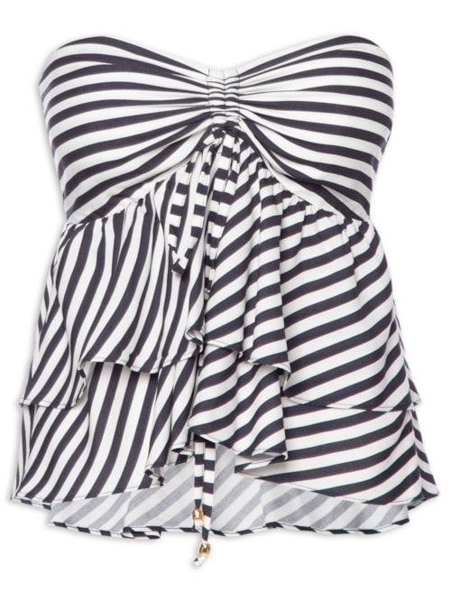 Blusa Feminina Listrada Sem Alça Com Babados - Azul