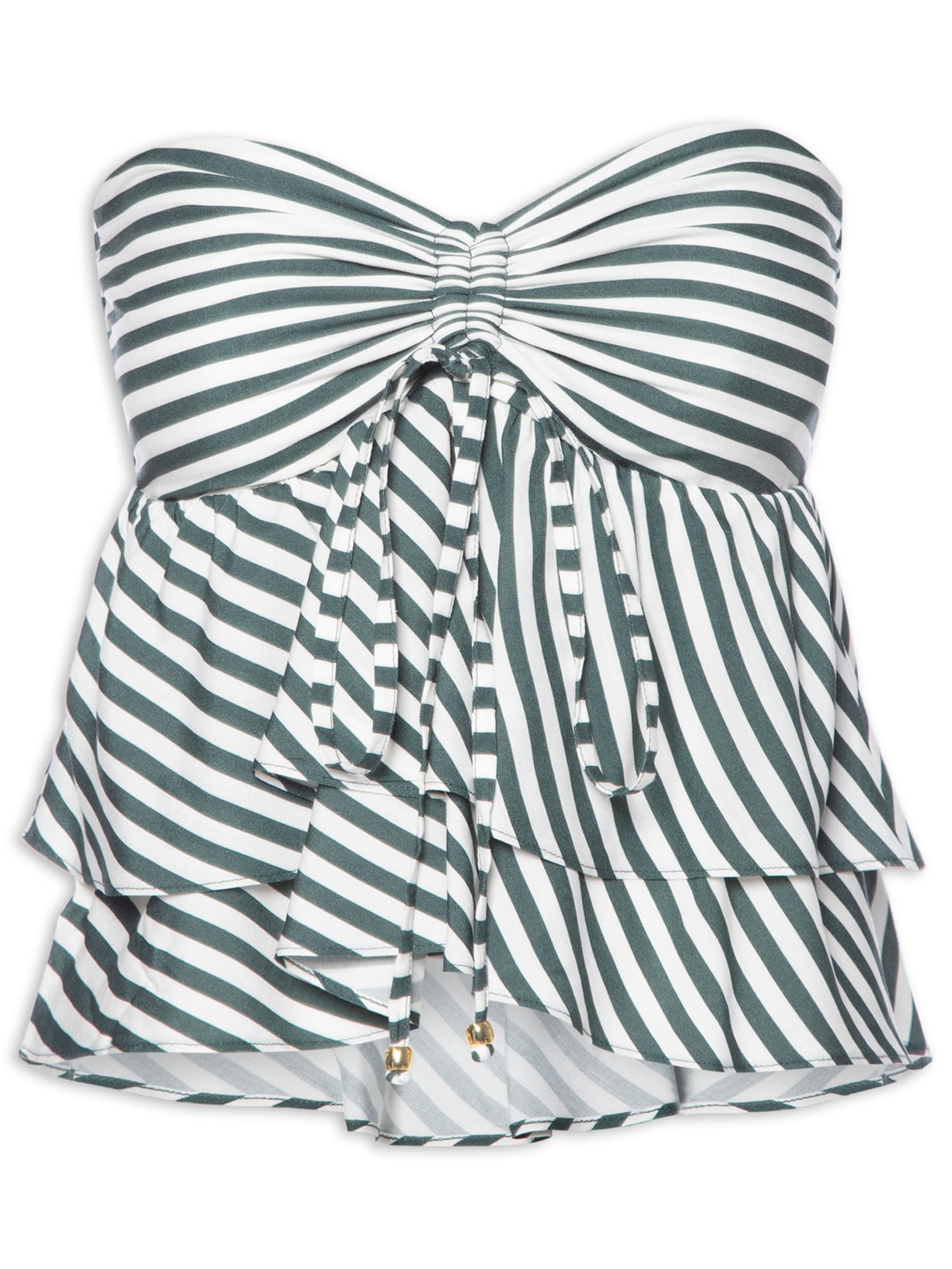 Blusa Feminina Listrada Sem Alça Com Babados - Verde