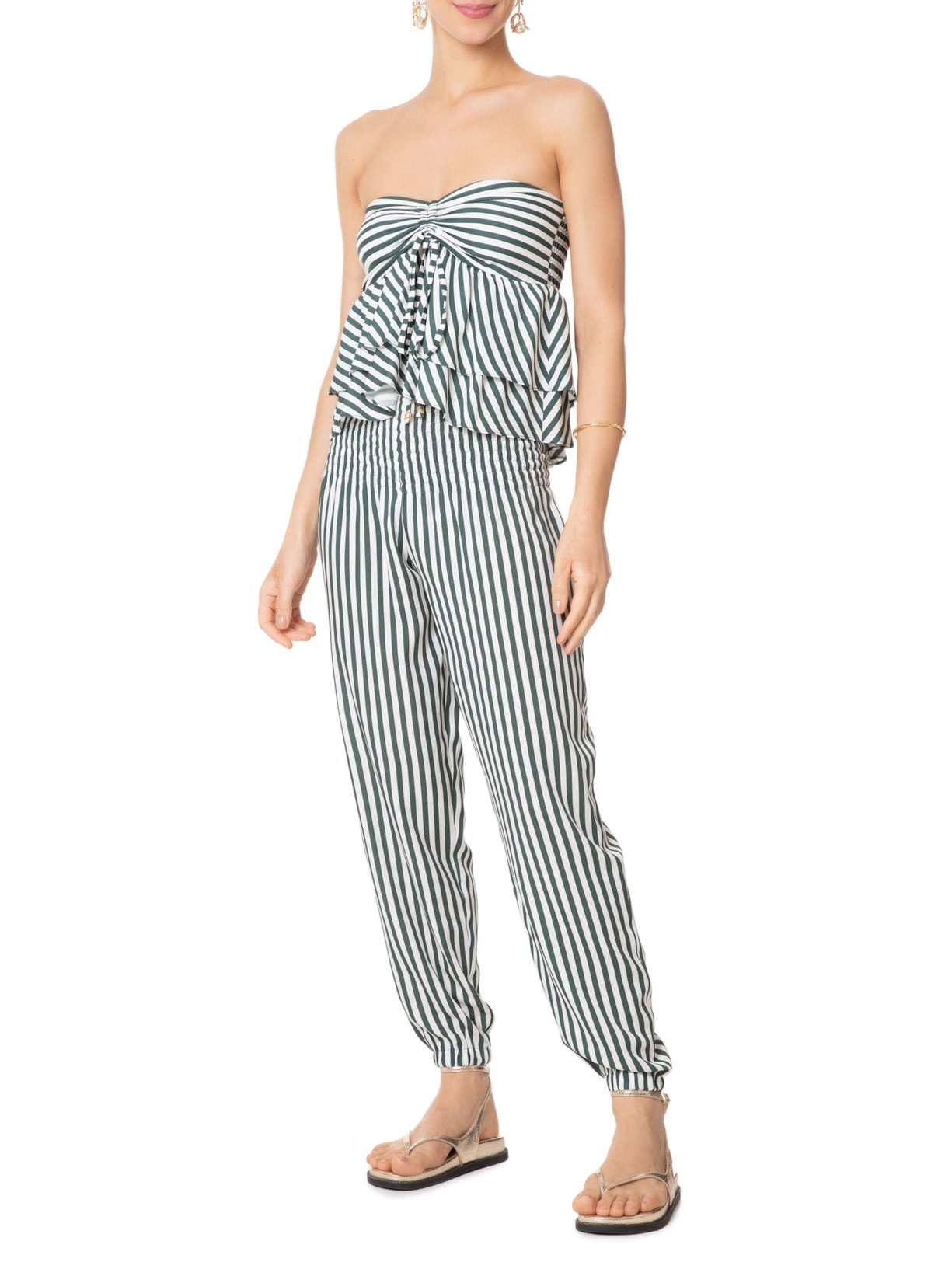 Blusa Feminina Listrada Sem Alça Com Babados Verde '2Essential