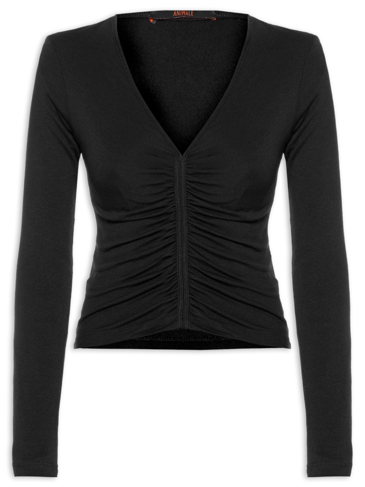 Blusa Feminina Malha Franzida Manga Longa Color - Preto