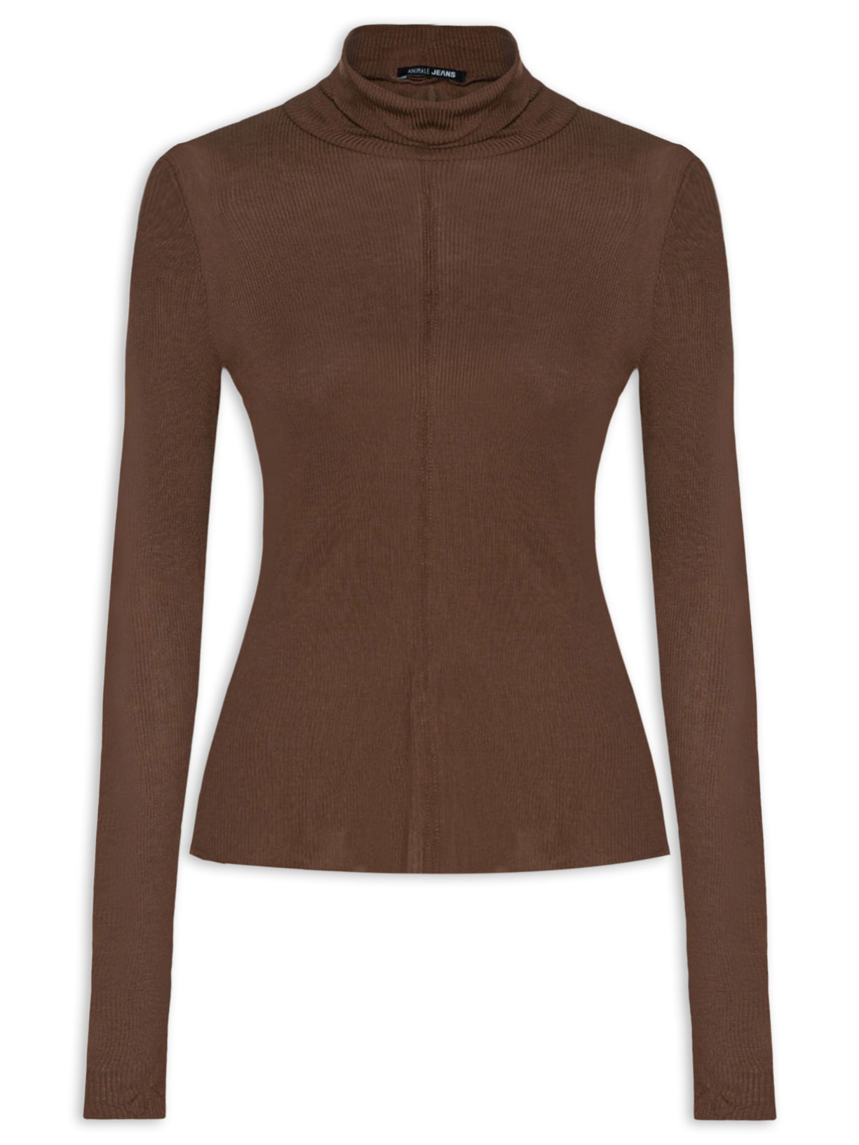 Blusa Feminina Malha Manga Longa Gola Alta Recorte Central - Marrom