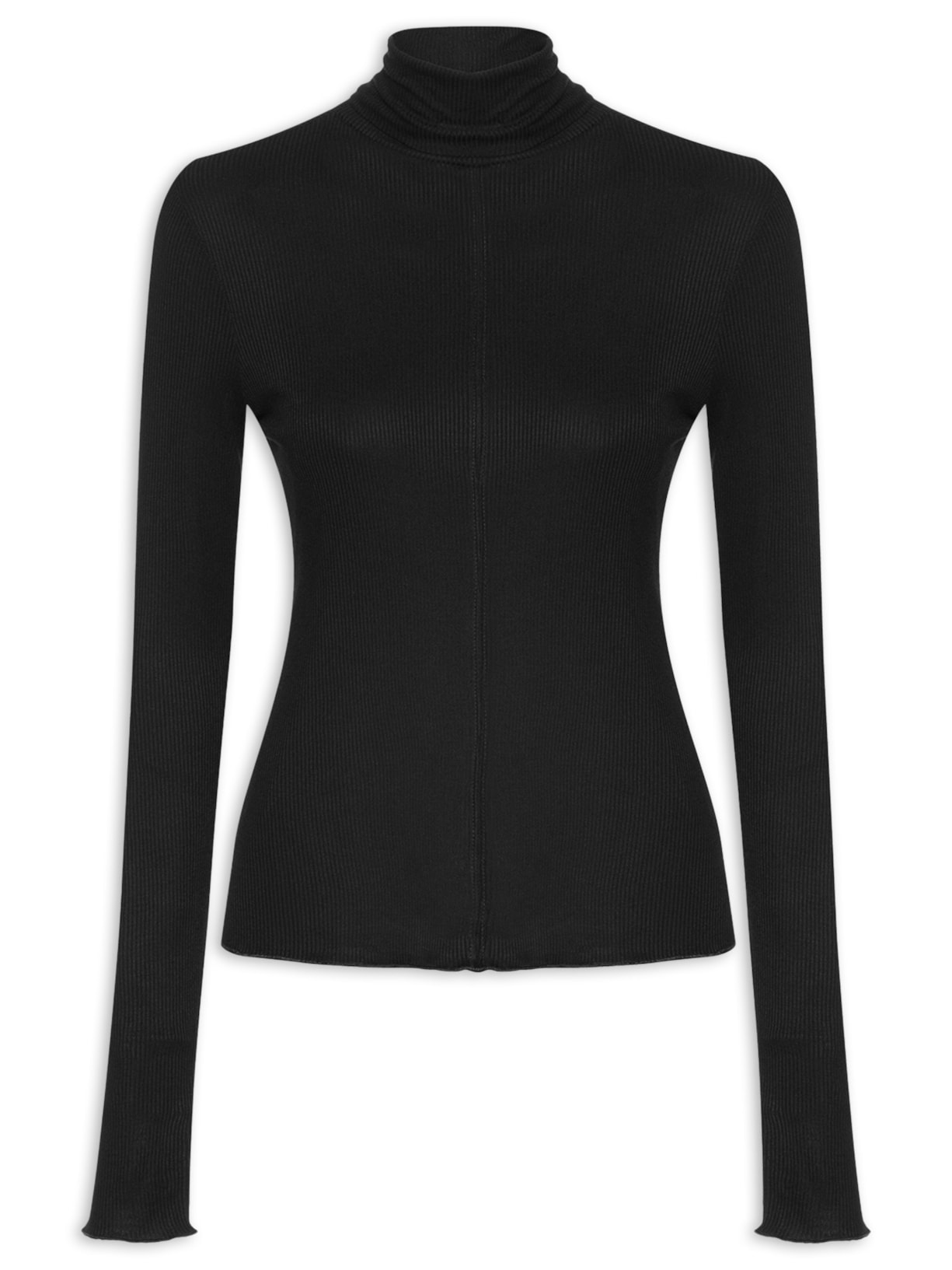 Blusa Feminina Malha Manga Longa Gola Alta Recorte Central Preto Animale Jeans