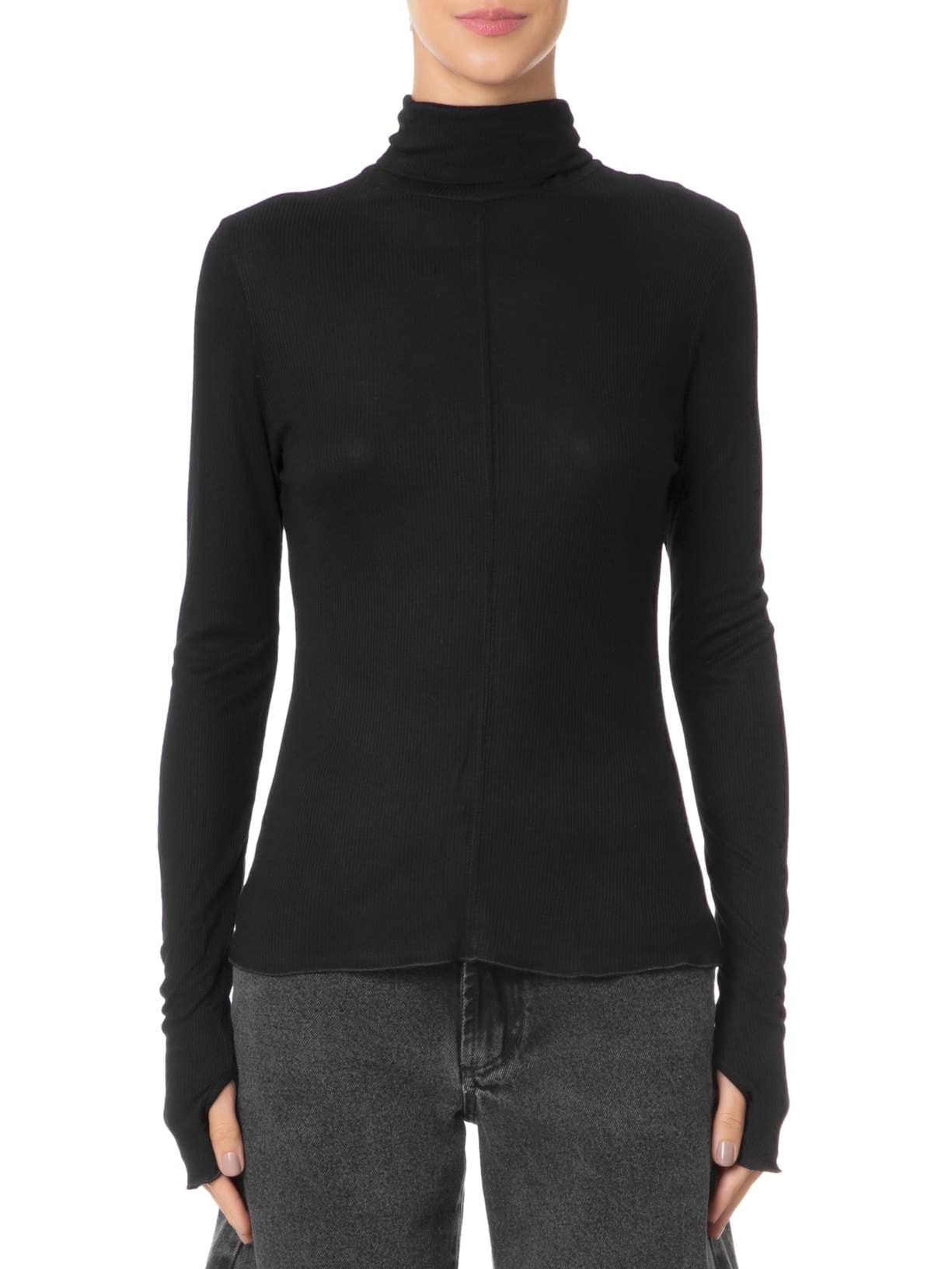 Blusa Feminina Malha Manga Longa Gola Alta Recorte Central Preto Animale Jeans