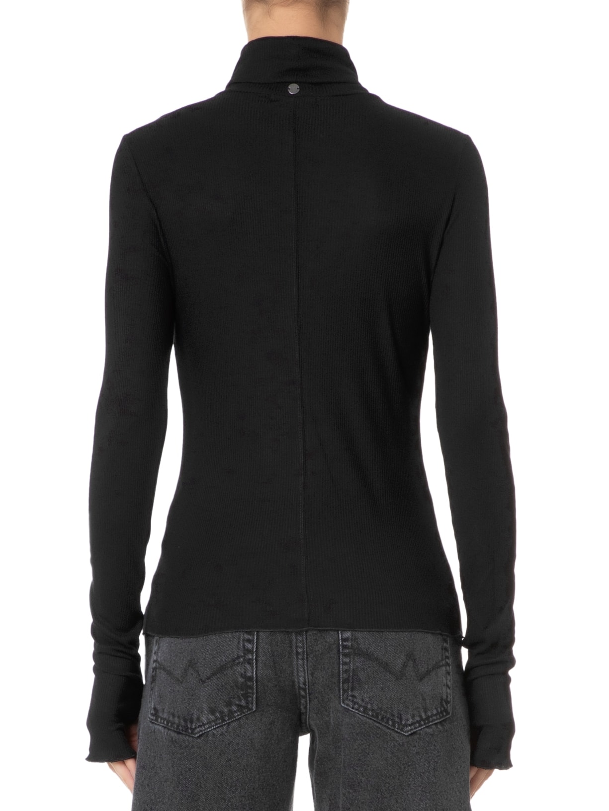 Blusa Feminina Malha Manga Longa Gola Alta Recorte Central Preto Animale Jeans