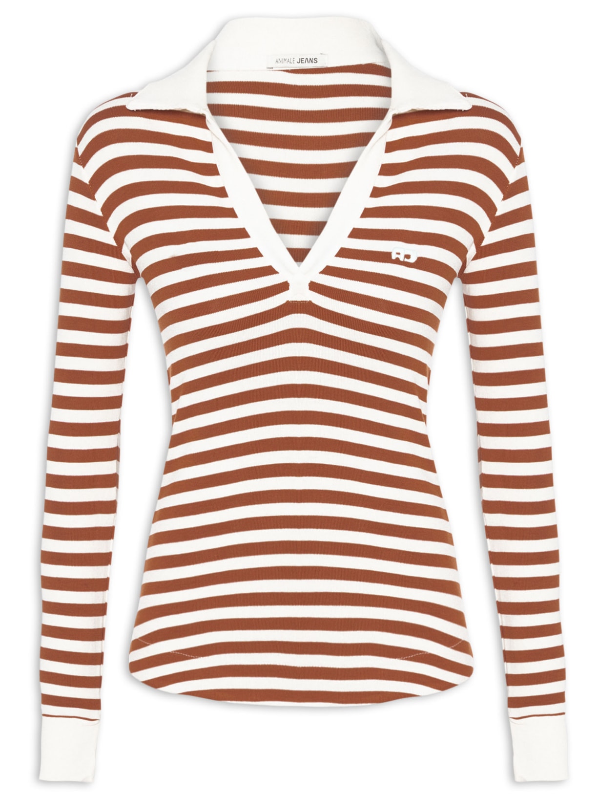 Blusa Feminina Malha Manga Longa Polo Listrada - Marrom