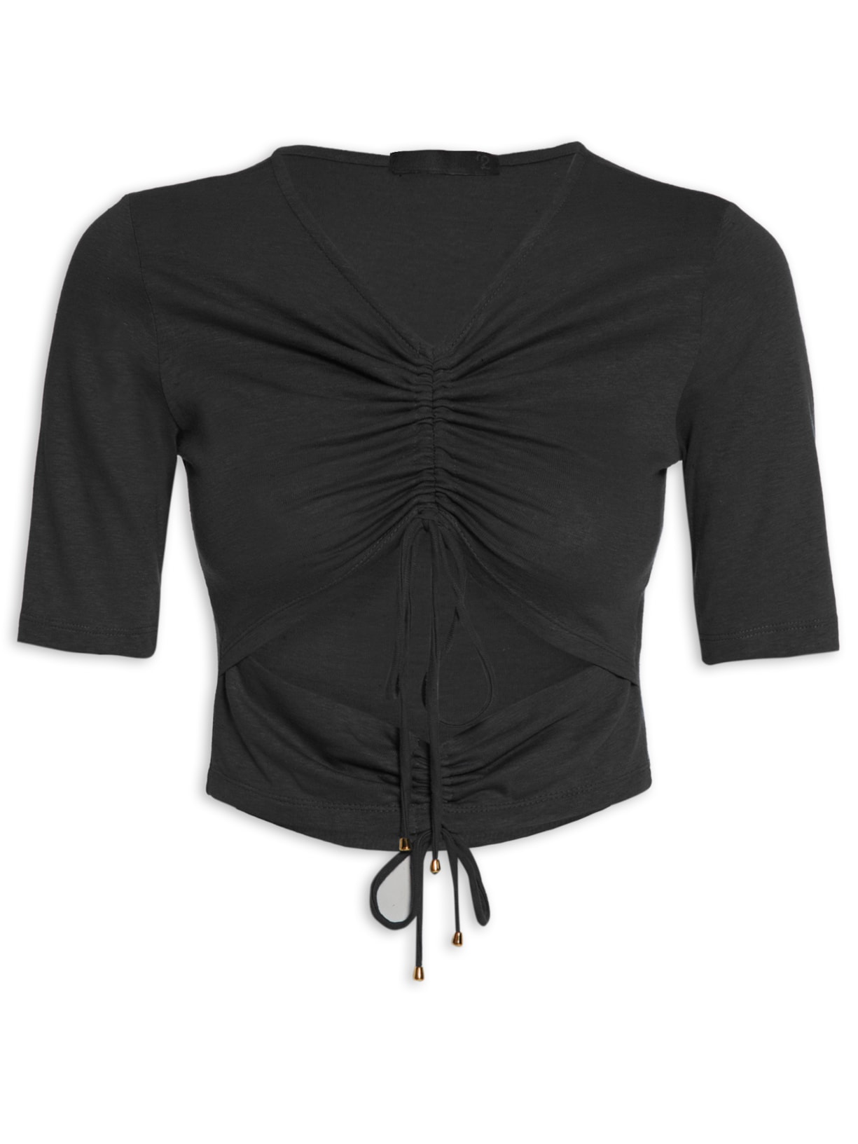 Blusa Feminina Malha Natural Linho Manga Curta Franzidos - '2essential - Preto