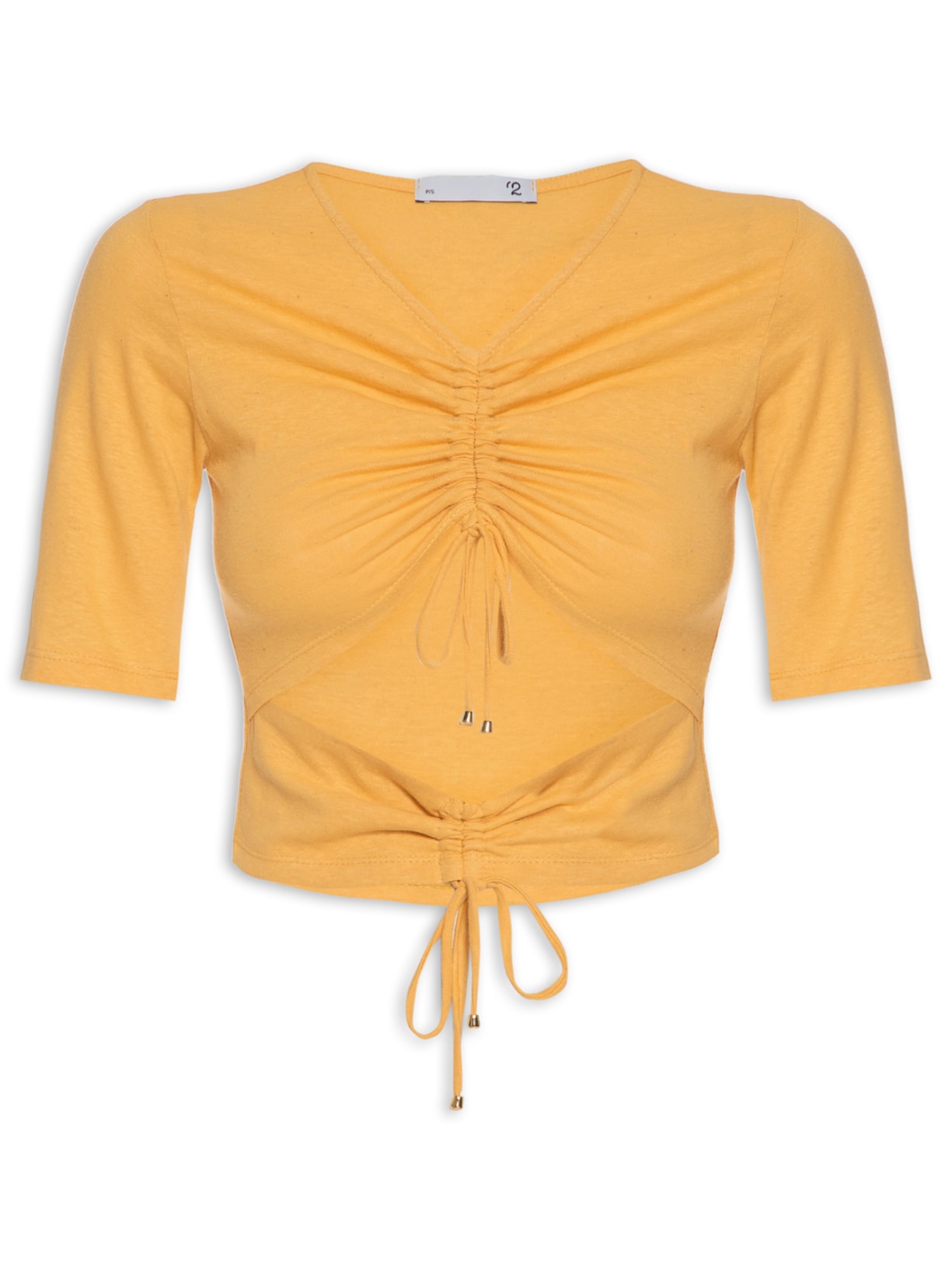 Blusa Feminina Malha Natural Linho Manga Curta Franzidos - Amarelo