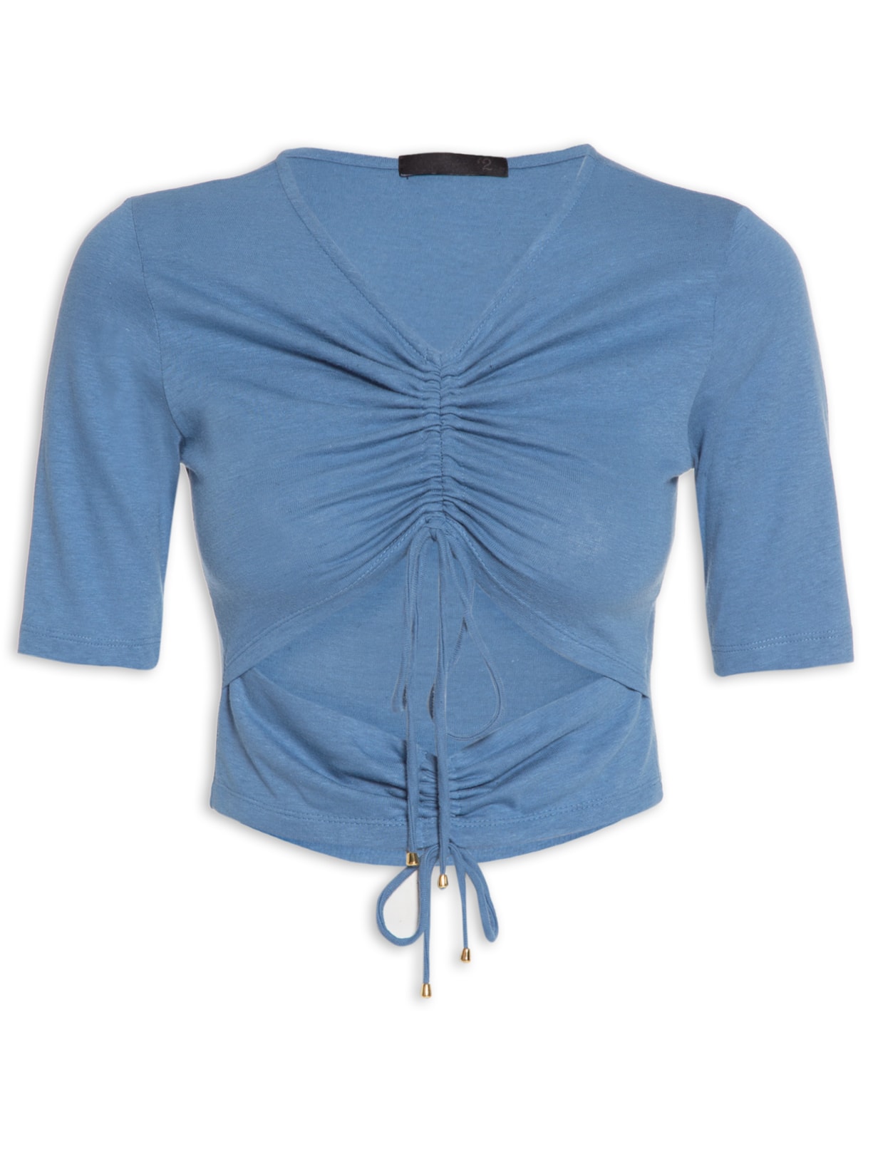 Blusa Feminina Malha Natural Linho Manga Curta Franzidos - Azul