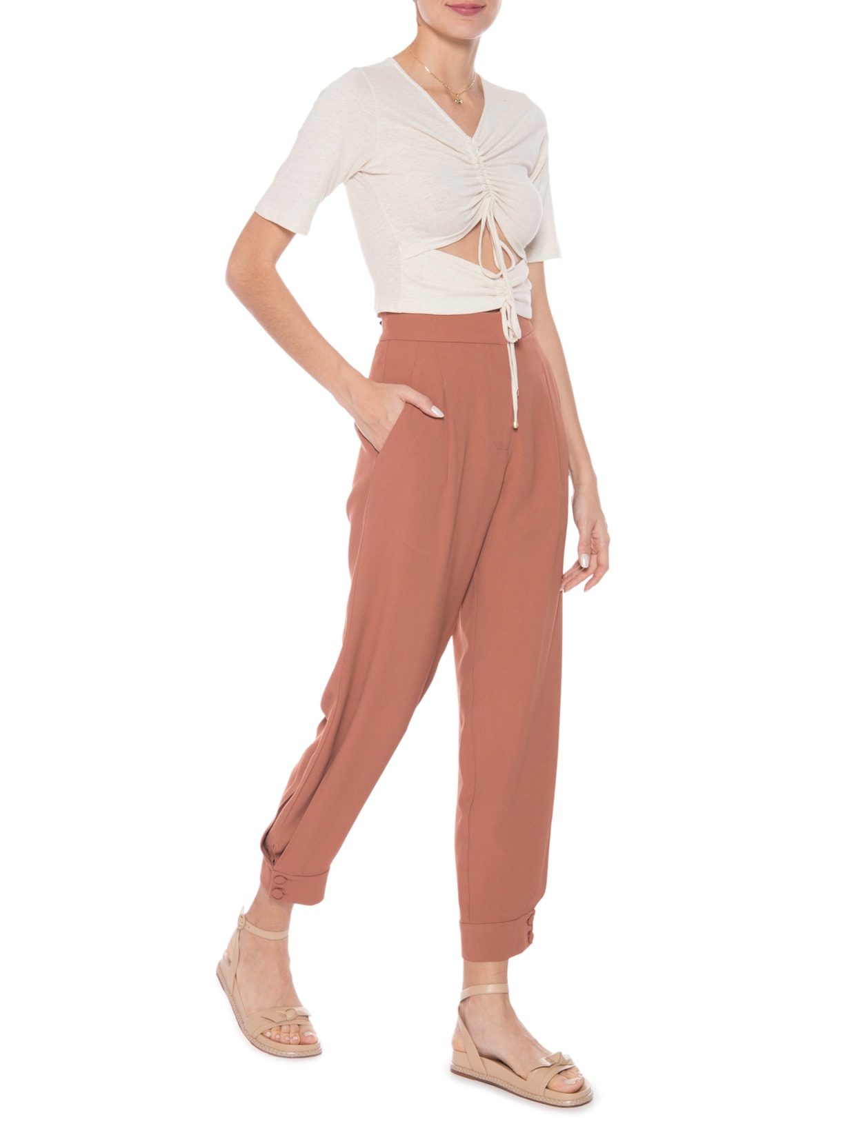 Blusa Feminina Malha Natural Linho Manga Curta Franzidos Bege '2Essential